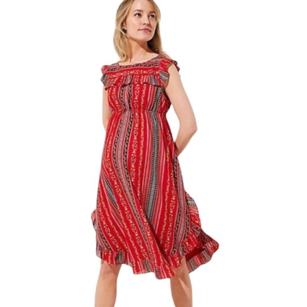 LOFT Red and Black Striped Midi Dress